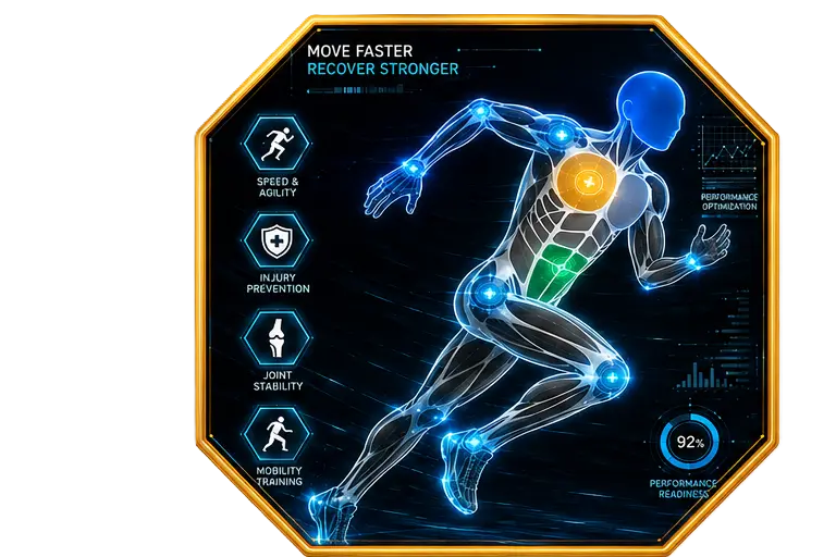 Runner overlaid with movement-analysis data and performance metrics