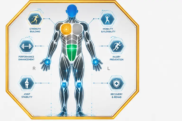 Full-body diagram highlighting muscle groups and training focus areas