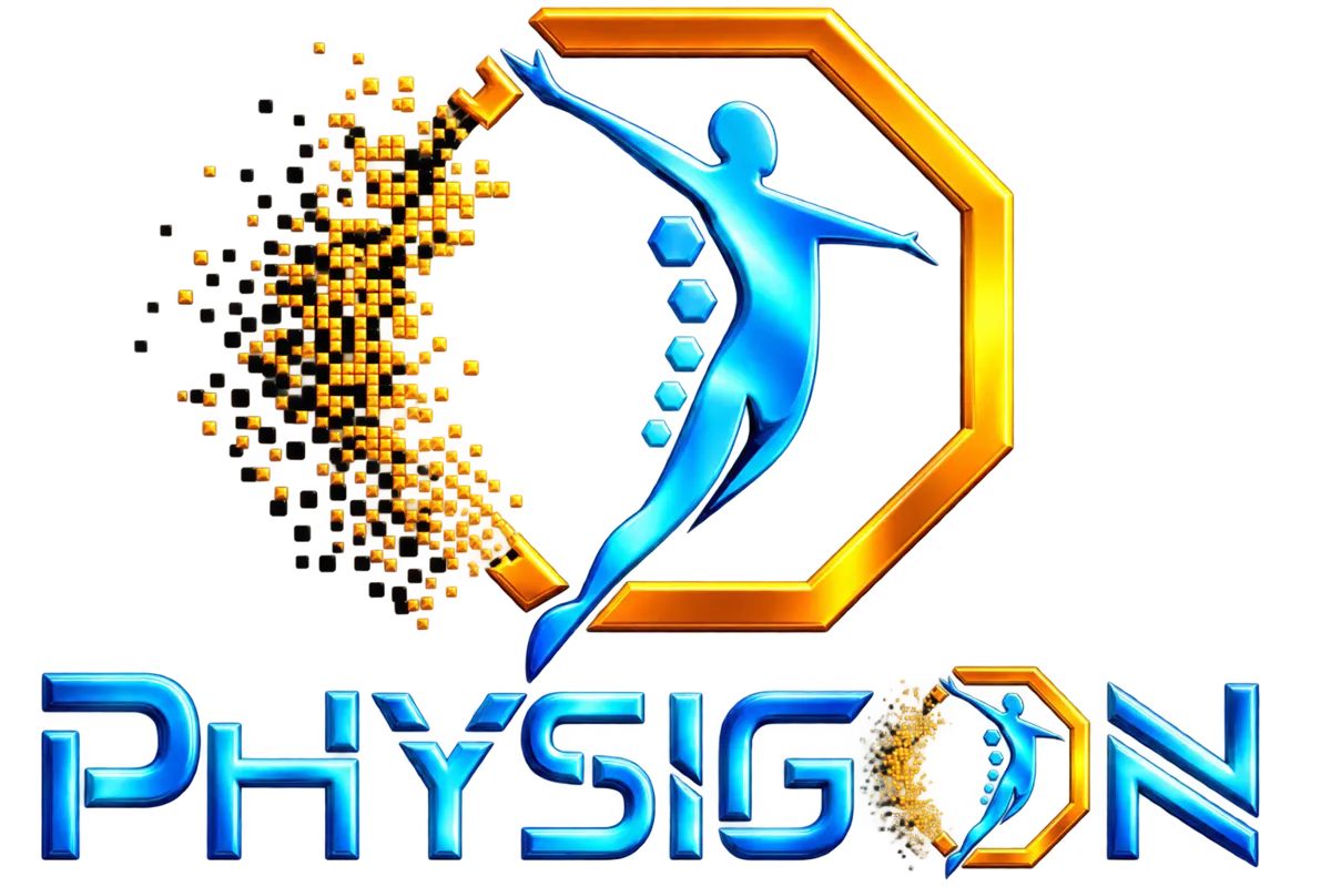 Physigon logo a chrome figure in motion inside a gold octagon, dissolving into golden particles, with the Physigon wordmark